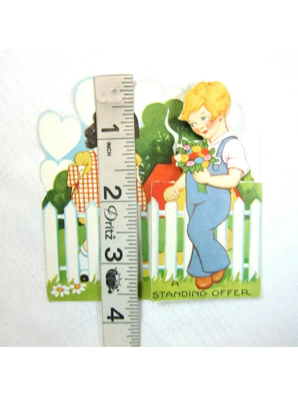 Vintage Valentine Card 1931 Fold Stand Girl & Boy w/ Flowers White Picket Fence